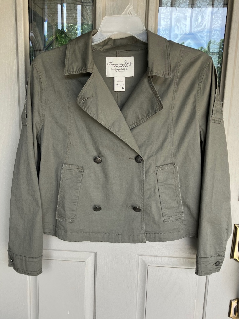 AMERICAN RAG DOUBLE BREASTED MILITARY STYLE CROP JACKET OLIVE GREEN, SIZE MEDIUM
